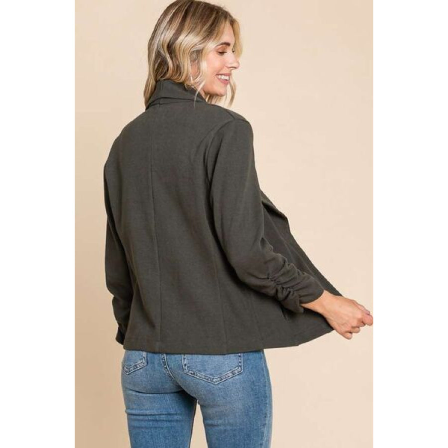 Culture Code Full Size Ruched Open Front Long Sleeve Jacket JASPERG / S Apparel and Accessories