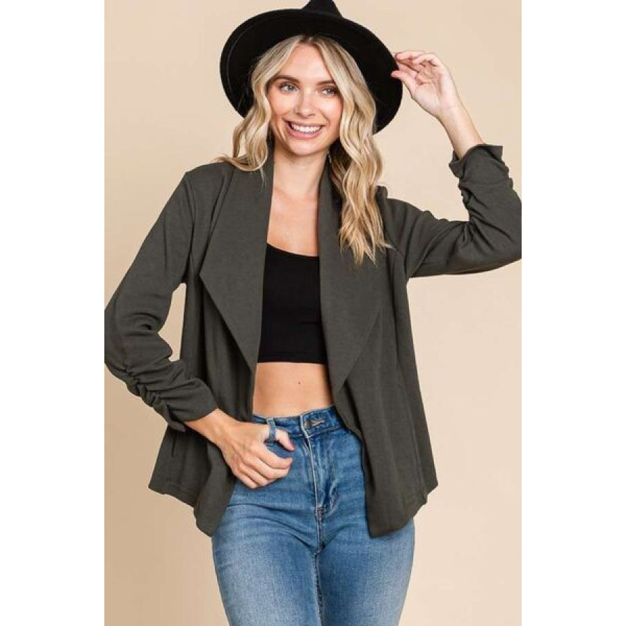 Culture Code Full Size Ruched Open Front Long Sleeve Jacket JASPERG / S Apparel and Accessories