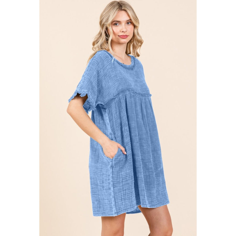 Culture Code Full Size Short Sleeve Babydoll Texture Dress with Pockets Apparel and Accessories