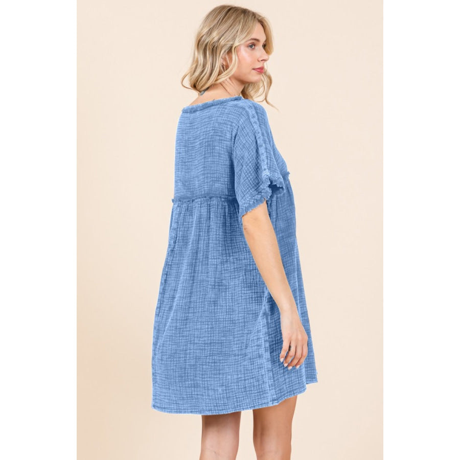 Culture Code Full Size Short Sleeve Babydoll Texture Dress with Pockets New Dusty Blue / S Apparel and Accessories