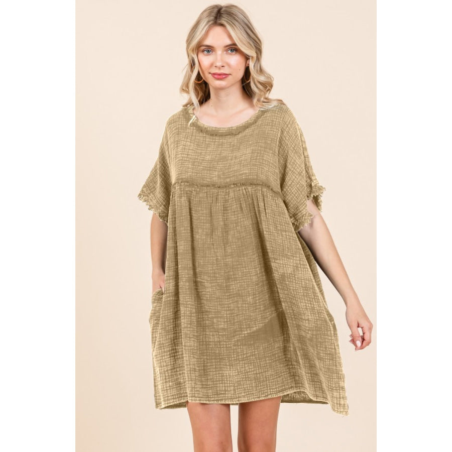 Culture Code Full Size Short Sleeve Babydoll Texture Dress with Pockets Iced Coffee / S Apparel and Accessories