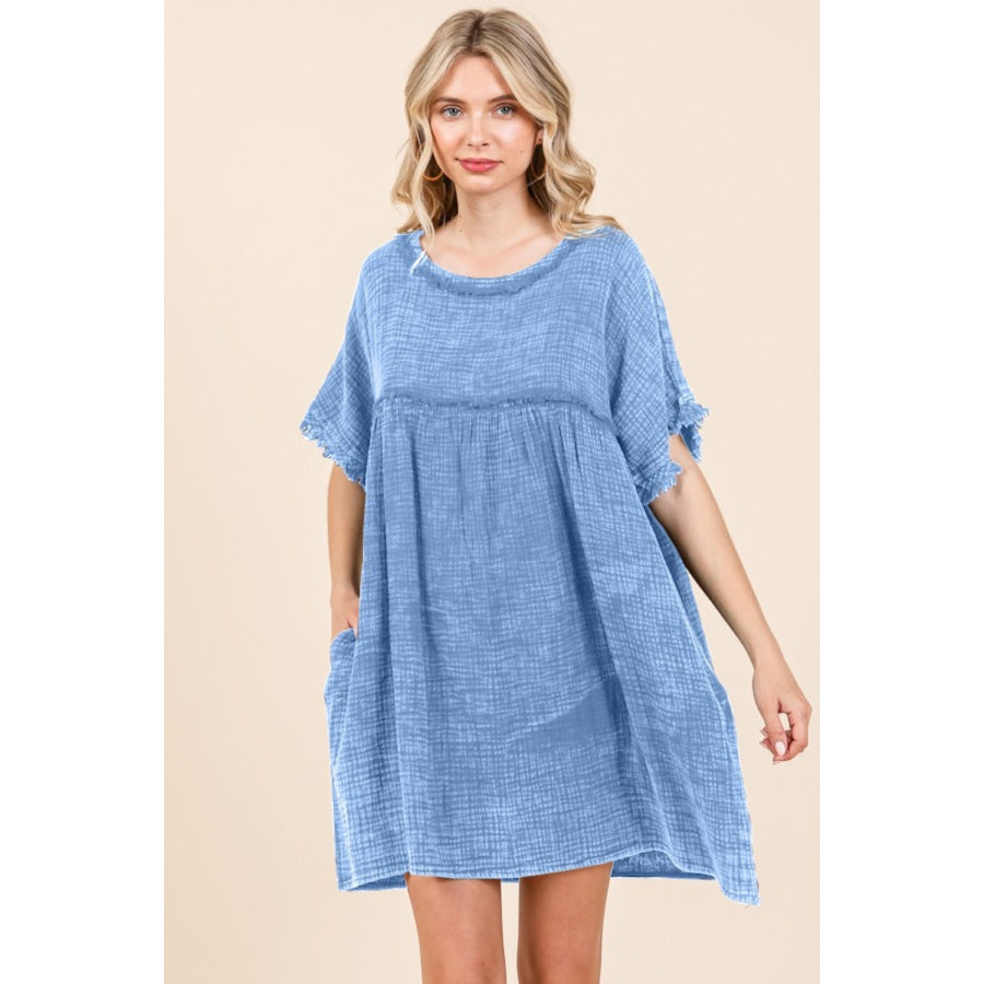 Culture Code Full Size Short Sleeve Babydoll Texture Dress with Pockets New Dusty Blue / S Apparel and Accessories