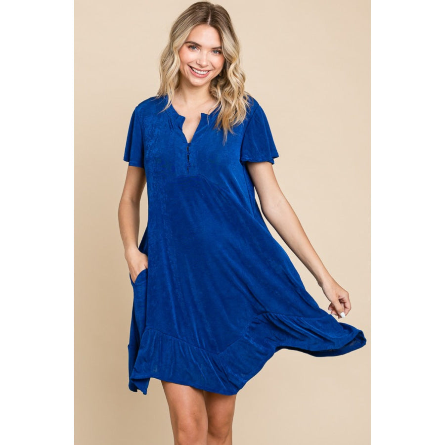 Culture Code Full Size Short Sleeve Ruffled Asymmetric Hem Dress Royal / S Apparel and Accessories