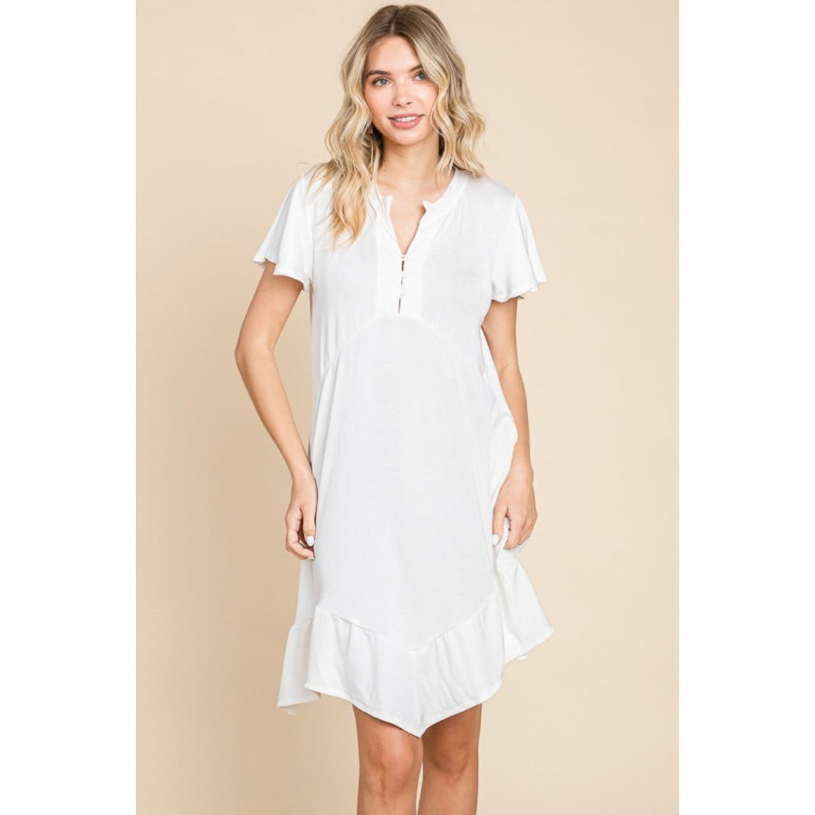 Culture Code Full Size Short Sleeve Ruffled Asymmetric Hem Dress Soft White / S Apparel and Accessories