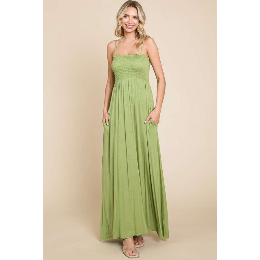 Culture Code Full Size Smocked Cami Maxi Dress with Pockets Happy Olive / S Apparel and Accessories