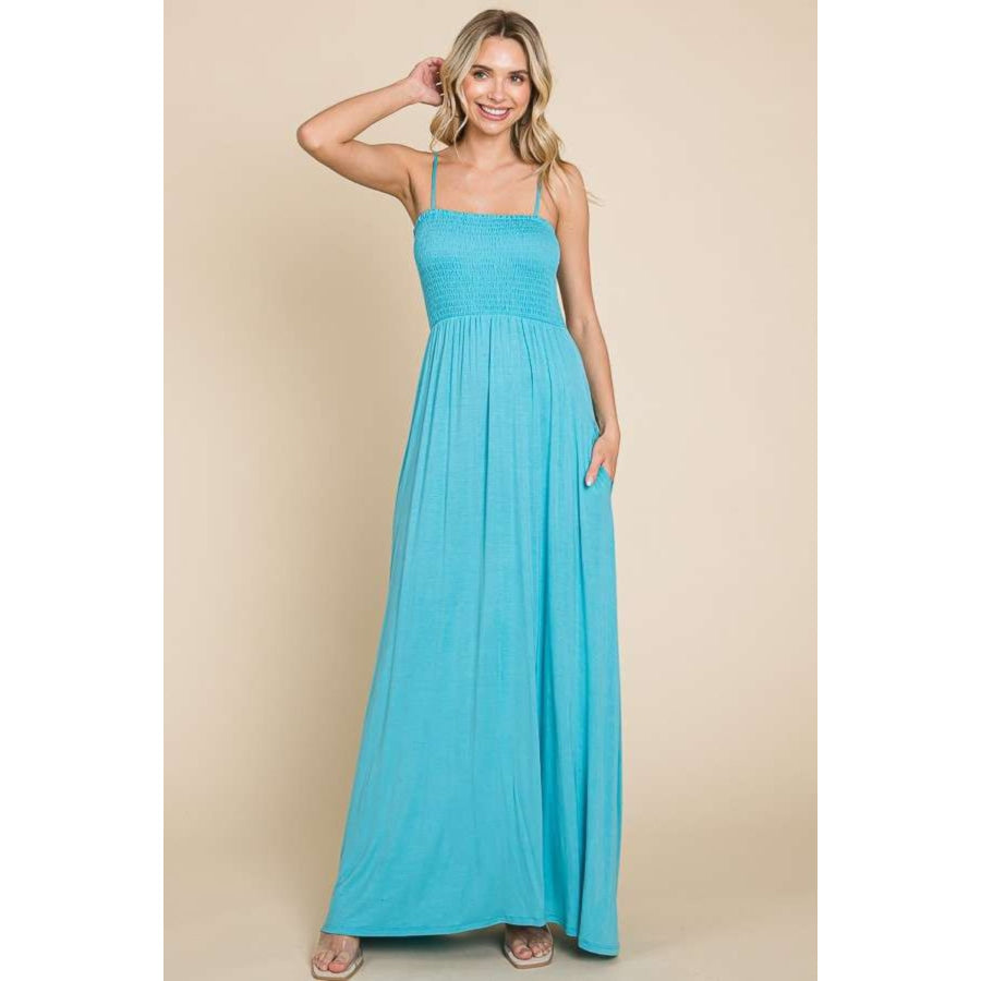 Culture Code Full Size Smocked Cami Maxi Dress with Pockets Pastel Teal / S Apparel and Accessories