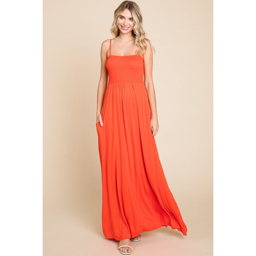 Culture Code Full Size Smocked Cami Maxi Dress with Pockets Scarlet / S Apparel and Accessories