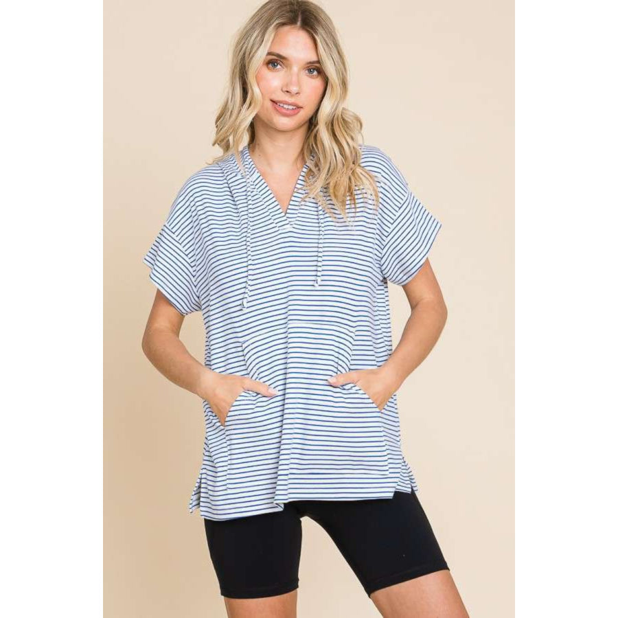 Culture Code Full Size Striped Short Sleeve Hooded Top Cobalt Blue / S Apparel and Accessories