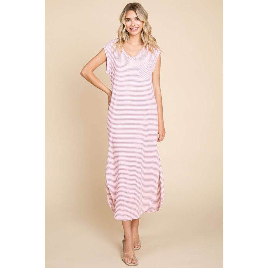 Culture Code Full Size Striped V - Neck Slit Dress with Pockets Apparel and Accessories
