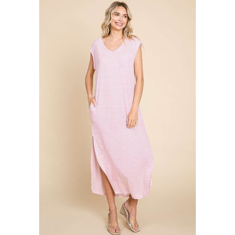 Culture Code Full Size Striped V - Neck Slit Dress with Pockets Pink / S Apparel and Accessories