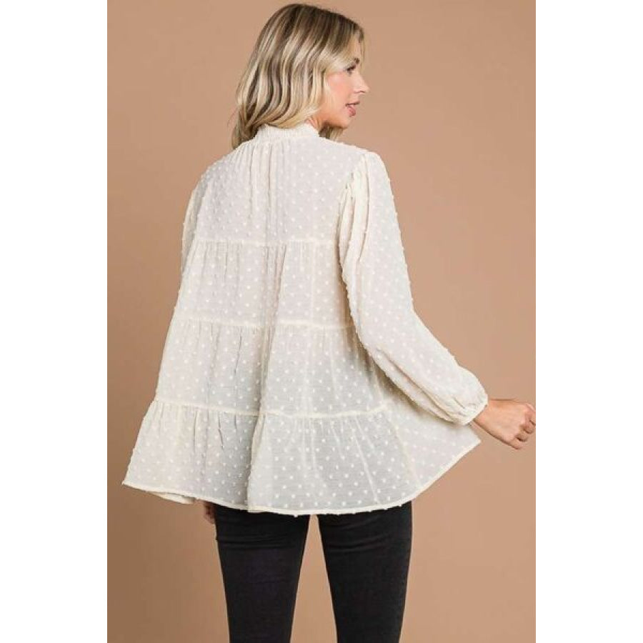 Culture Code Full Size Swiss Dot Smocked Mock Neck Blouse IVORY CREAM / S Apparel and Accessories