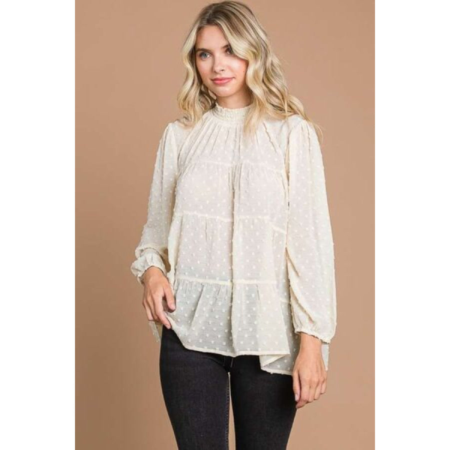 Culture Code Full Size Swiss Dot Smocked Mock Neck Blouse IVORY CREAM / S Apparel and Accessories