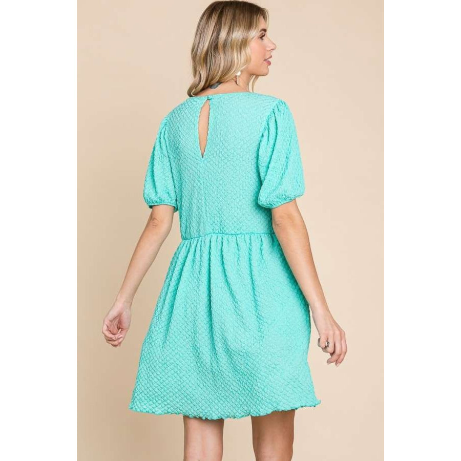 Culture Code Full Size Textured Round Neck Puff Sleeve Dress Mint / S Apparel and Accessories