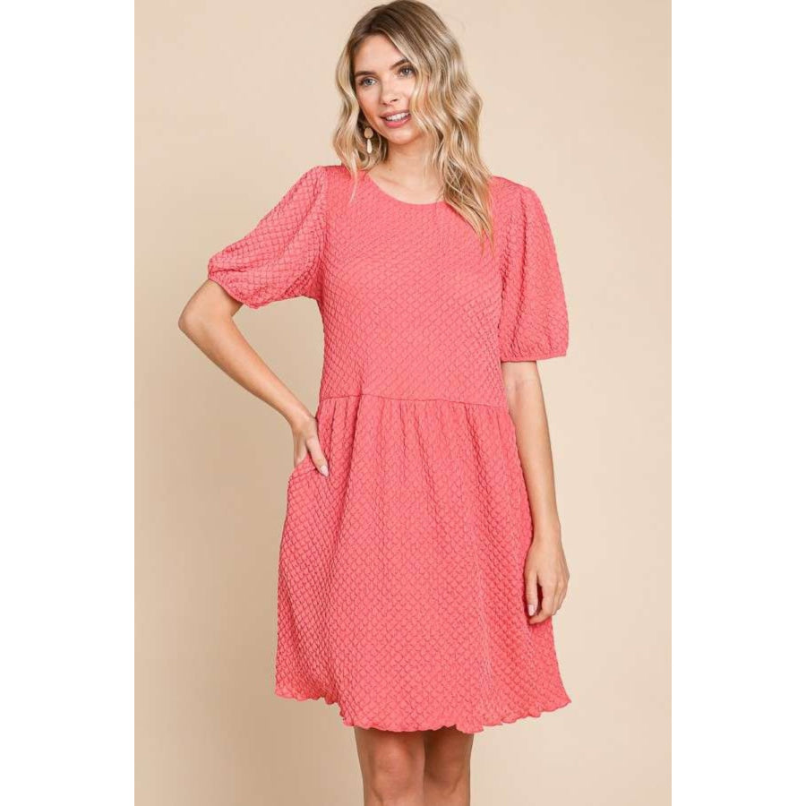 Culture Code Full Size Textured Round Neck Puff Sleeve Dress Apparel and Accessories