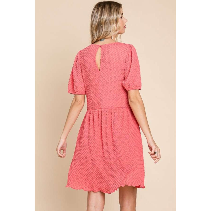 Culture Code Full Size Textured Round Neck Puff Sleeve Dress New Coral Pink / S Apparel and Accessories