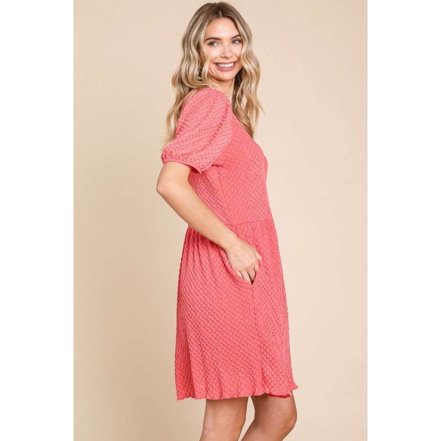 Culture Code Full Size Textured Round Neck Puff Sleeve Dress Apparel and Accessories