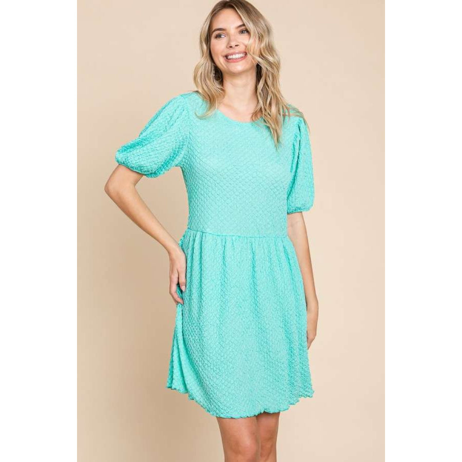 Culture Code Full Size Textured Round Neck Puff Sleeve Dress Mint / S Apparel and Accessories