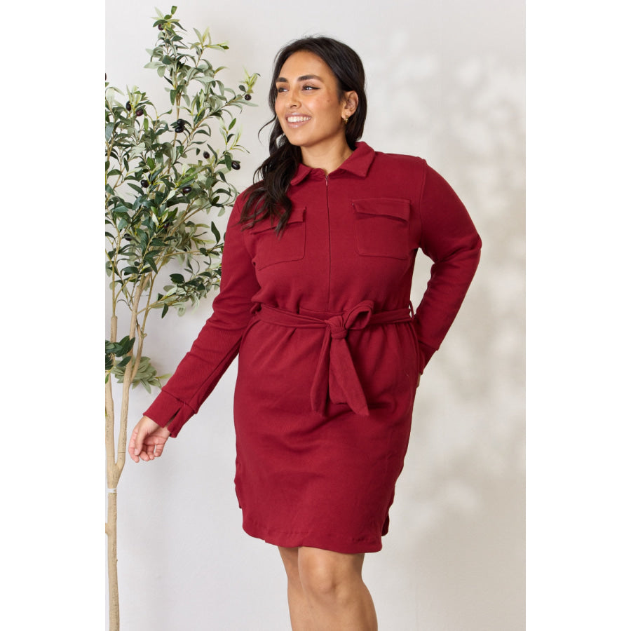 Culture Code Full Size Tie Front Half Zip Long Sleeve Shirt Dress Apparel and Accessories