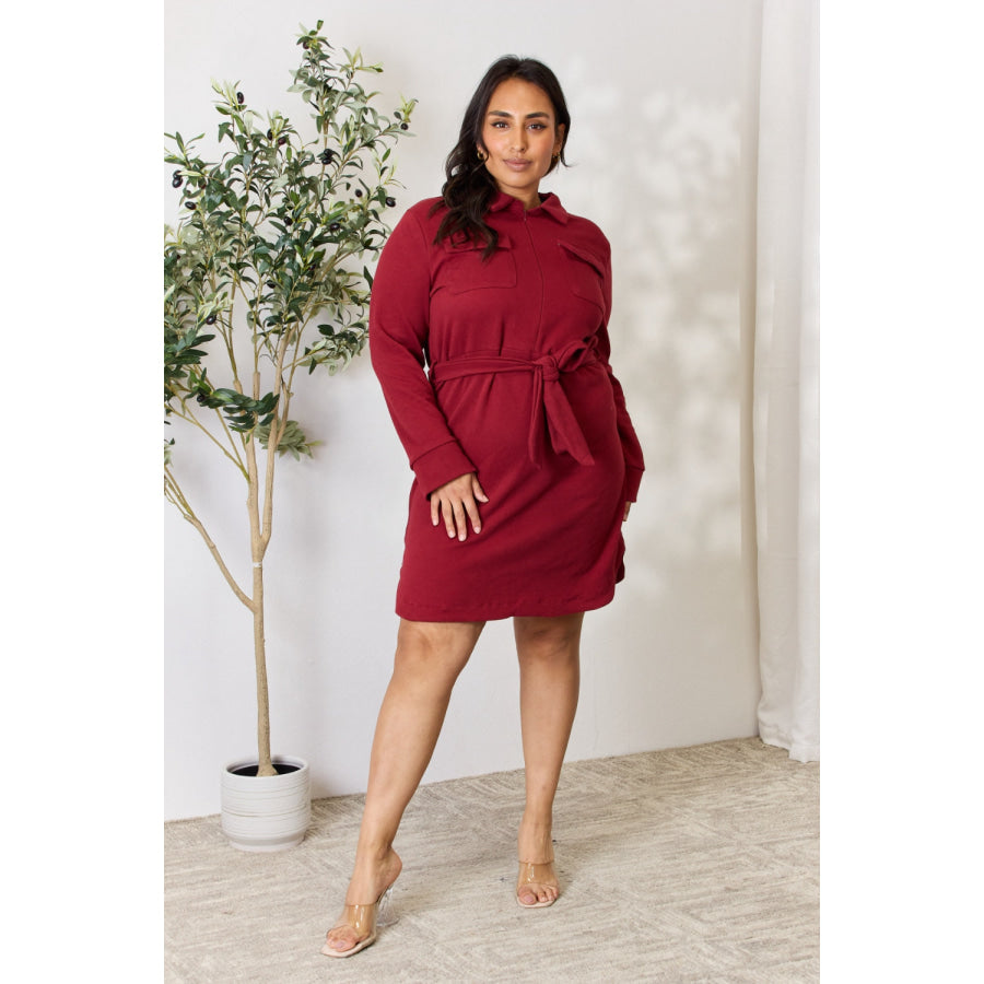 Culture Code Full Size Tie Front Half Zip Long Sleeve Shirt Dress Apparel and Accessories