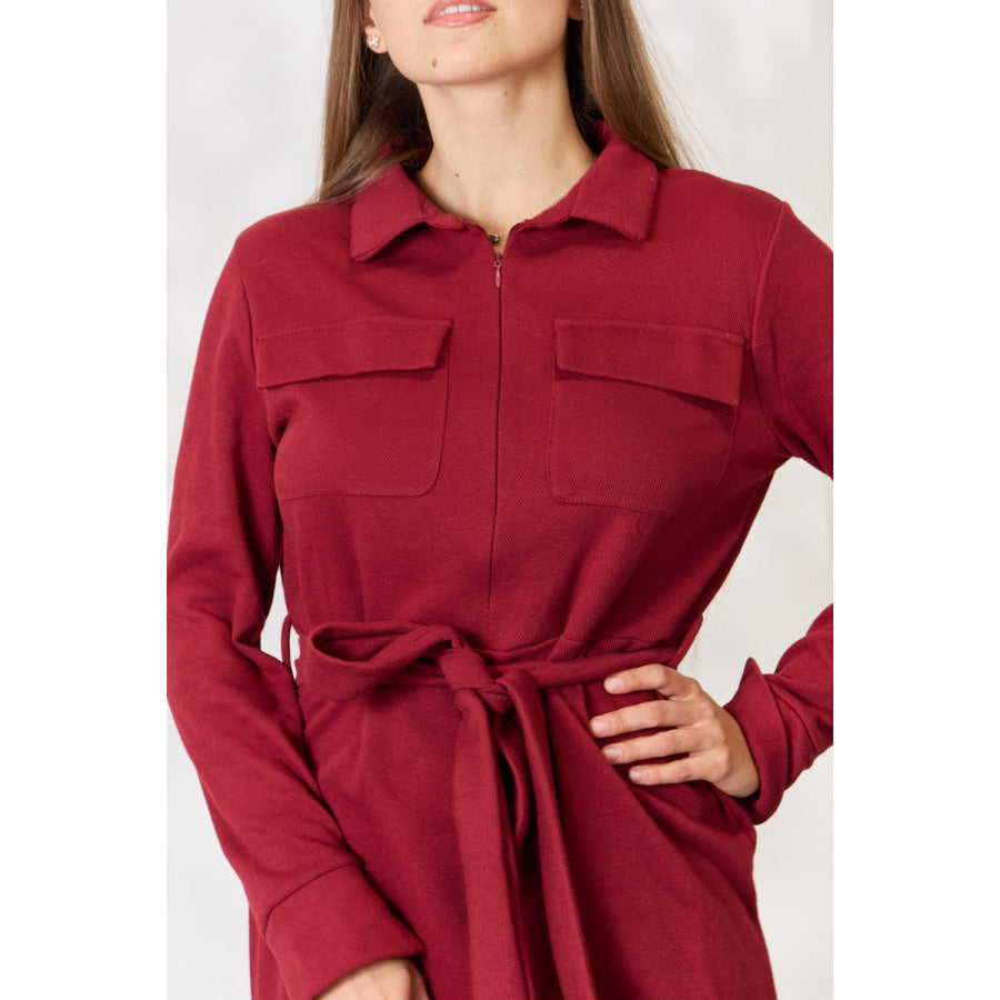 Culture Code Full Size Tie Front Half Zip Long Sleeve Shirt Dress Apparel and Accessories