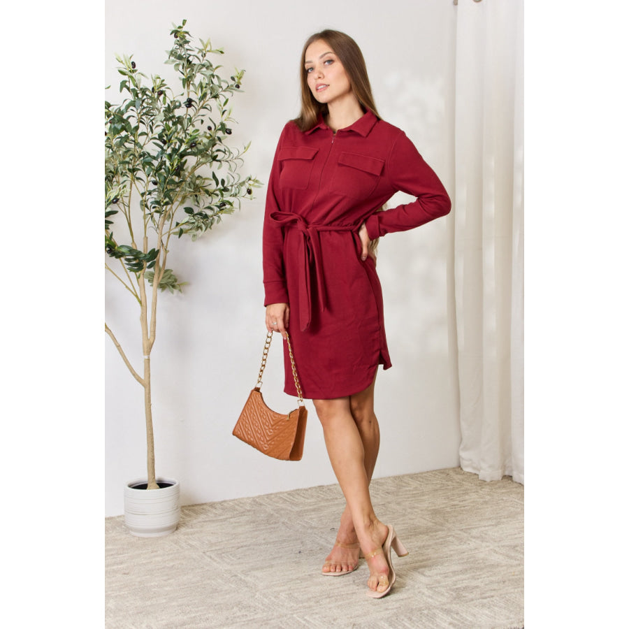 Culture Code Full Size Tie Front Half Zip Long Sleeve Shirt Dress Apparel and Accessories