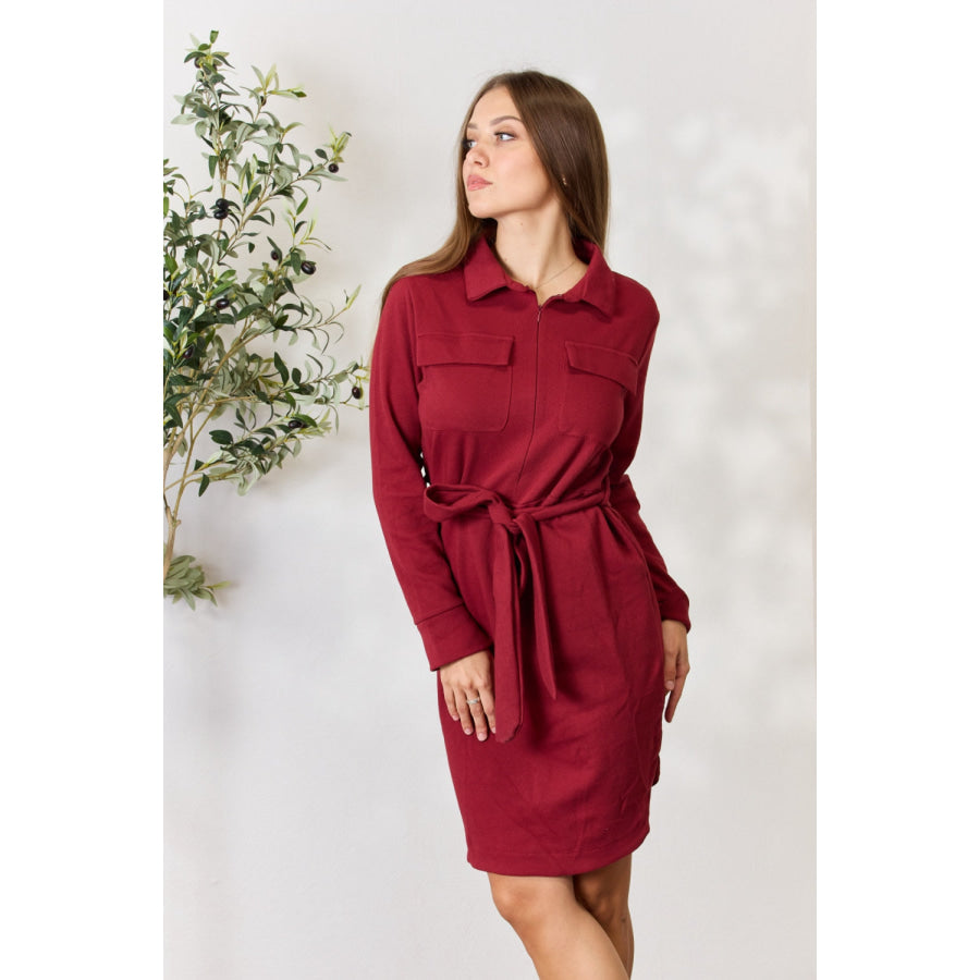 Culture Code Full Size Tie Front Half Zip Long Sleeve Shirt Dress Apparel and Accessories