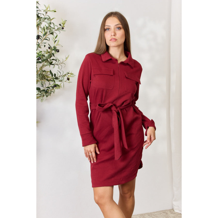 Culture Code Full Size Tie Front Half Zip Long Sleeve Shirt Dress Apparel and Accessories