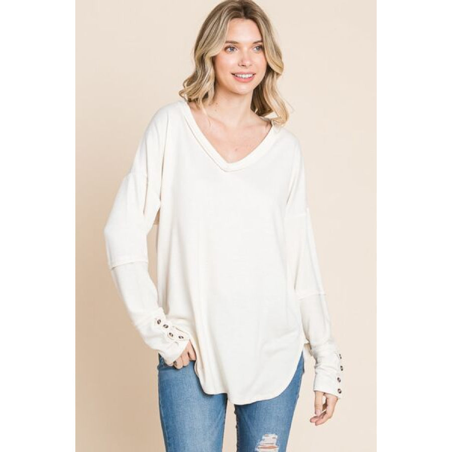 Culture Code Full Size V - Neck Dropped Shoulder Blouse ECRUCREAM / S Apparel and Accessories