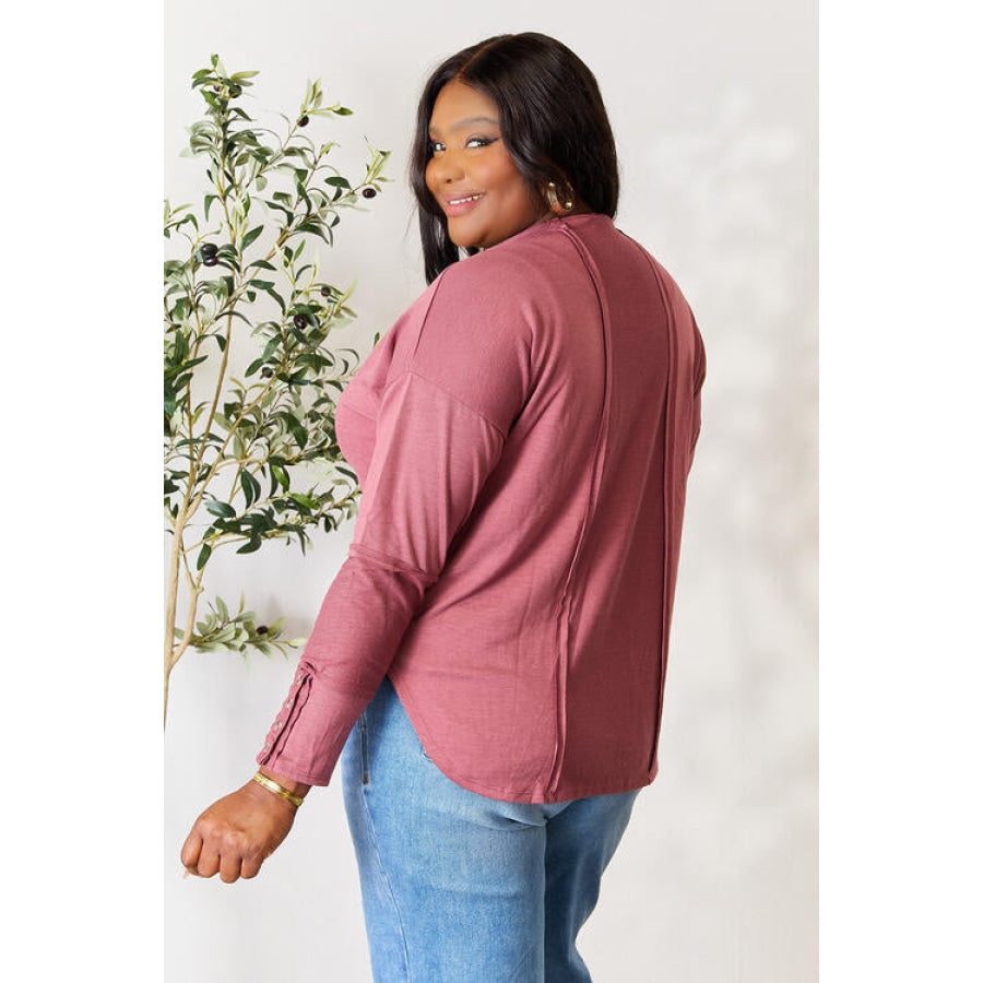 Culture Code Full Size V-Neck Exposed Seam Long Sleeve Blouse Dusty Berry / S Clothing
