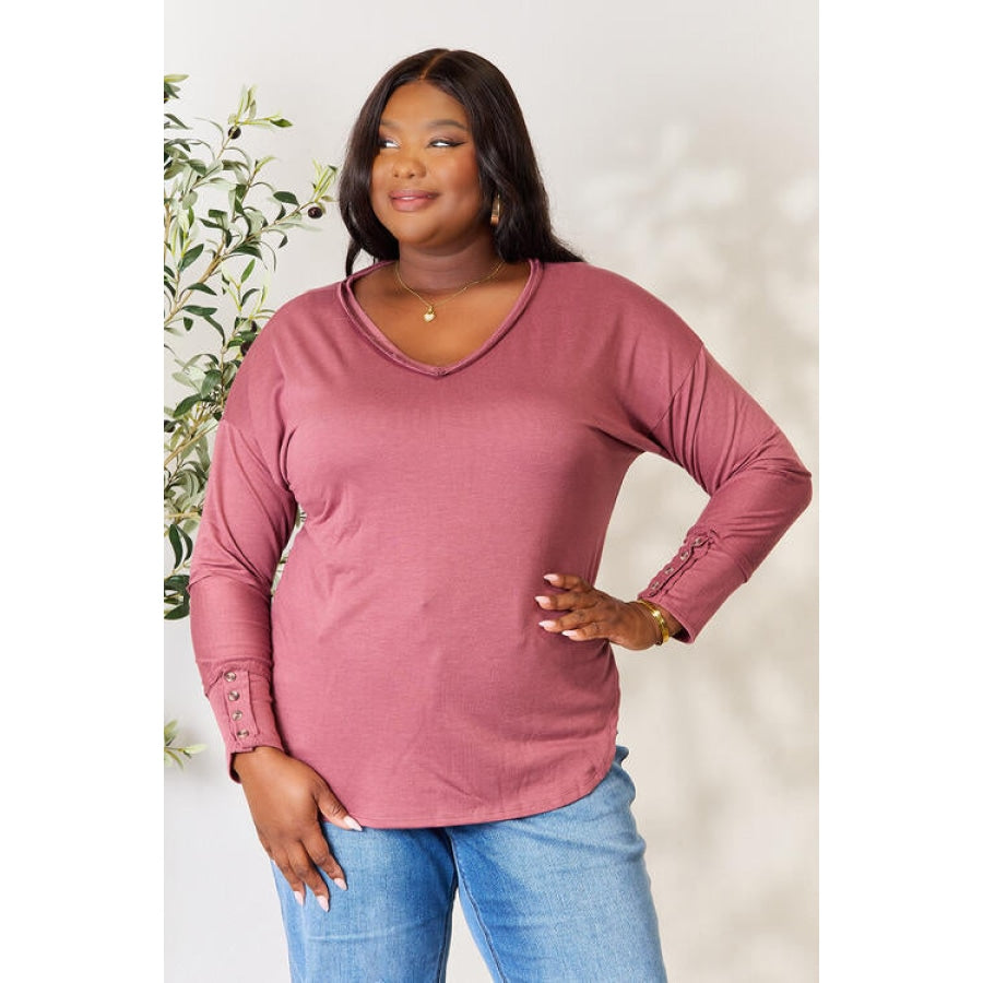 Culture Code Full Size V-Neck Exposed Seam Long Sleeve Blouse Dusty Berry / S Clothing