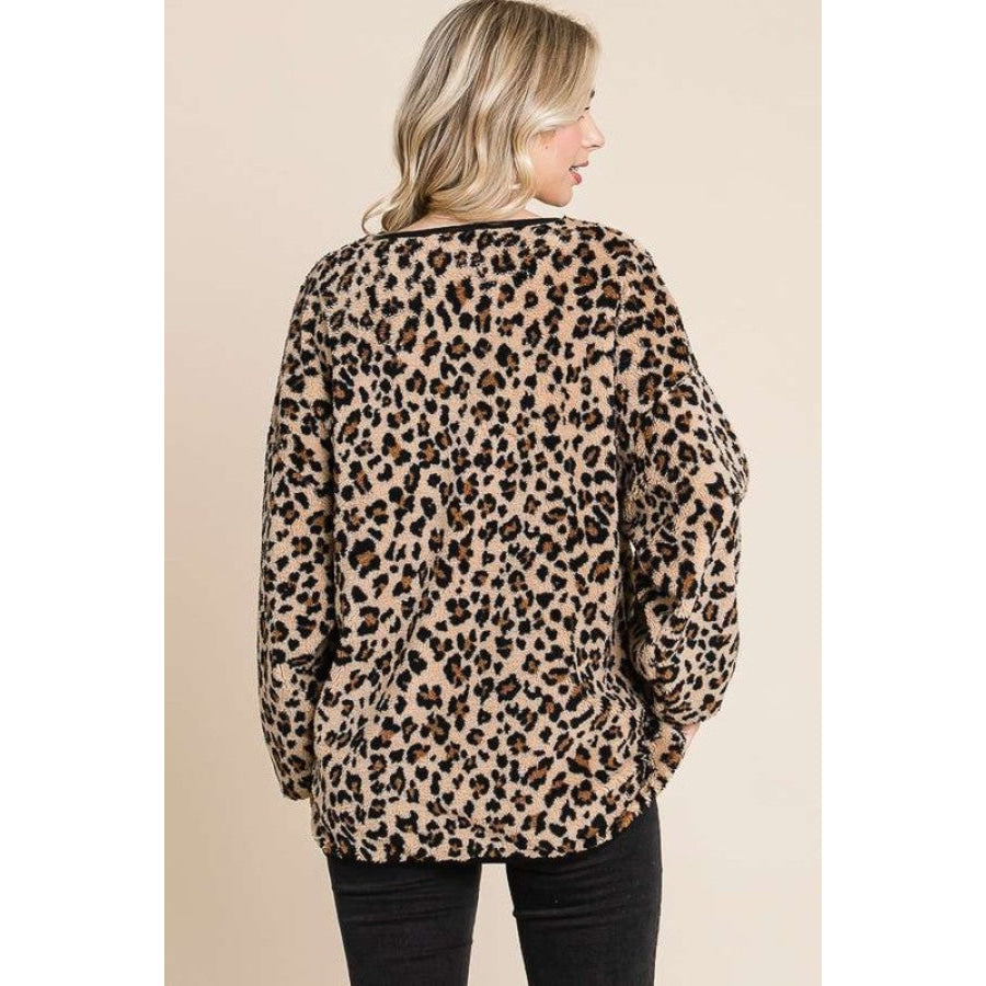 Culture Code Leopard Faux Fur Round Neck Top Brown / S Apparel and Accessories