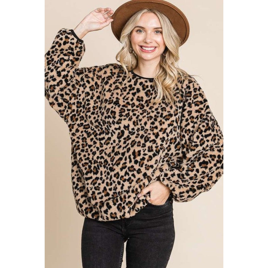 Culture Code Leopard Faux Fur Round Neck Top Apparel and Accessories