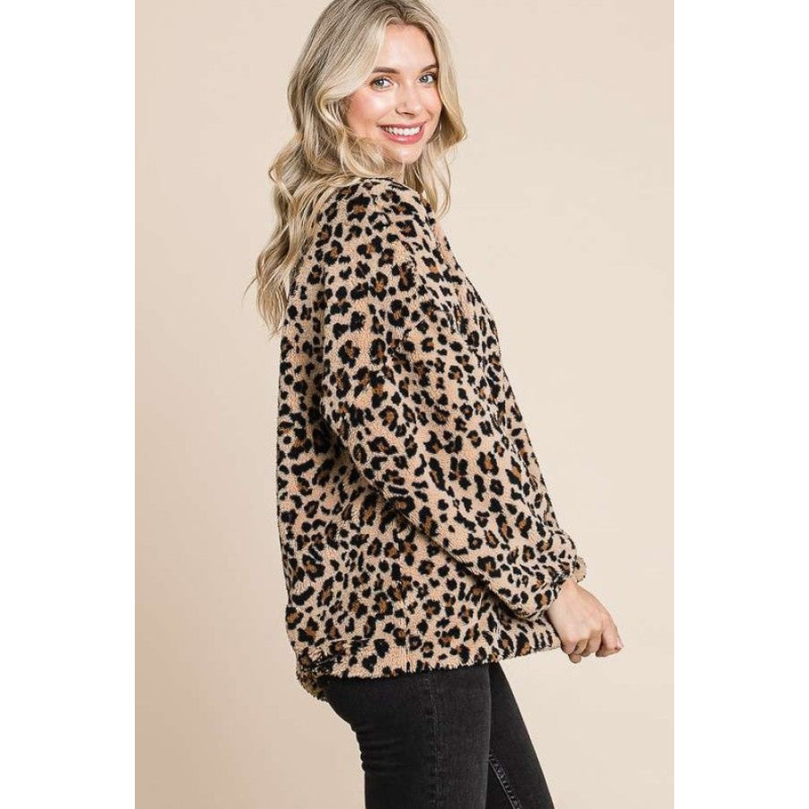 Culture Code Leopard Faux Fur Round Neck Top Apparel and Accessories