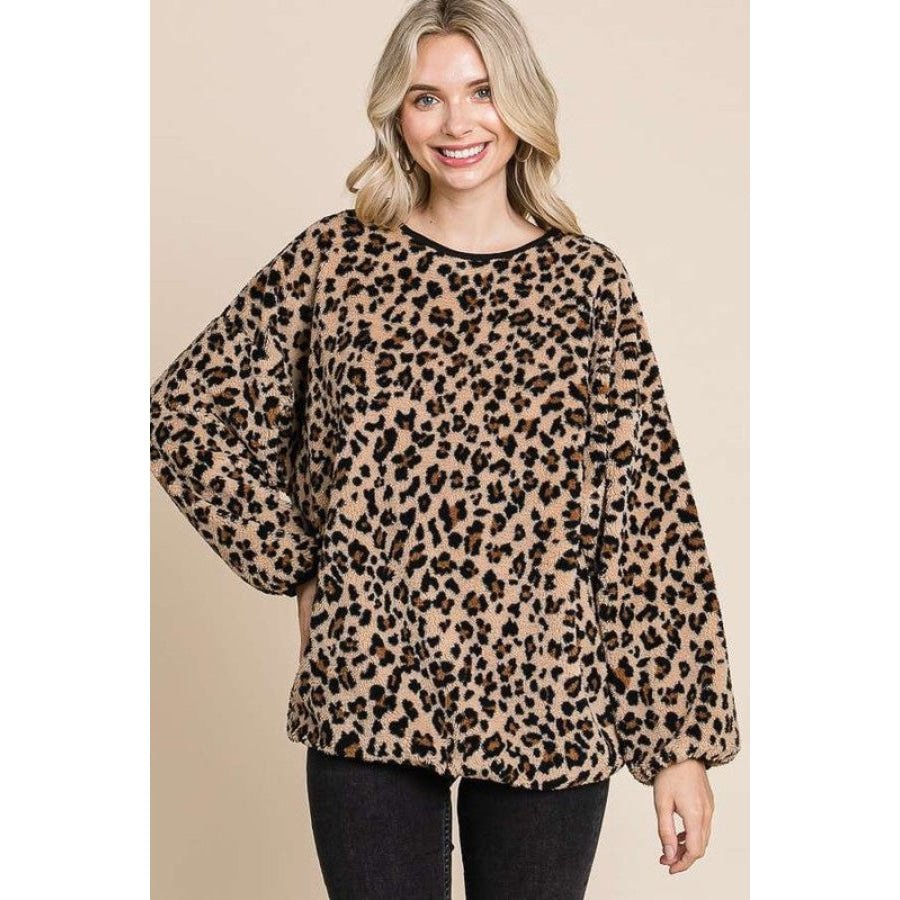 Culture Code Leopard Faux Fur Round Neck Top Brown / S Apparel and Accessories