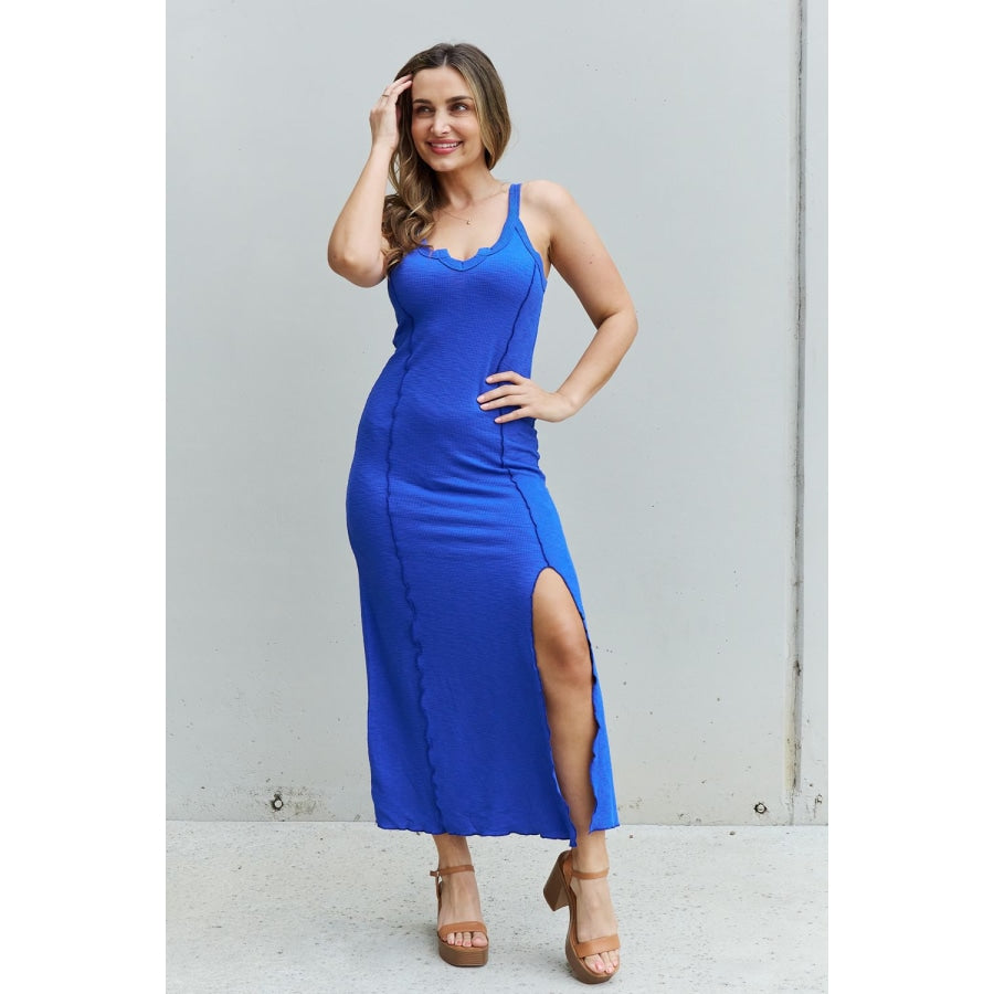 Culture Code Look At Me Full Size Notch Neck Maxi Dress with Slit in Cobalt Blue Cobalt Blue / S