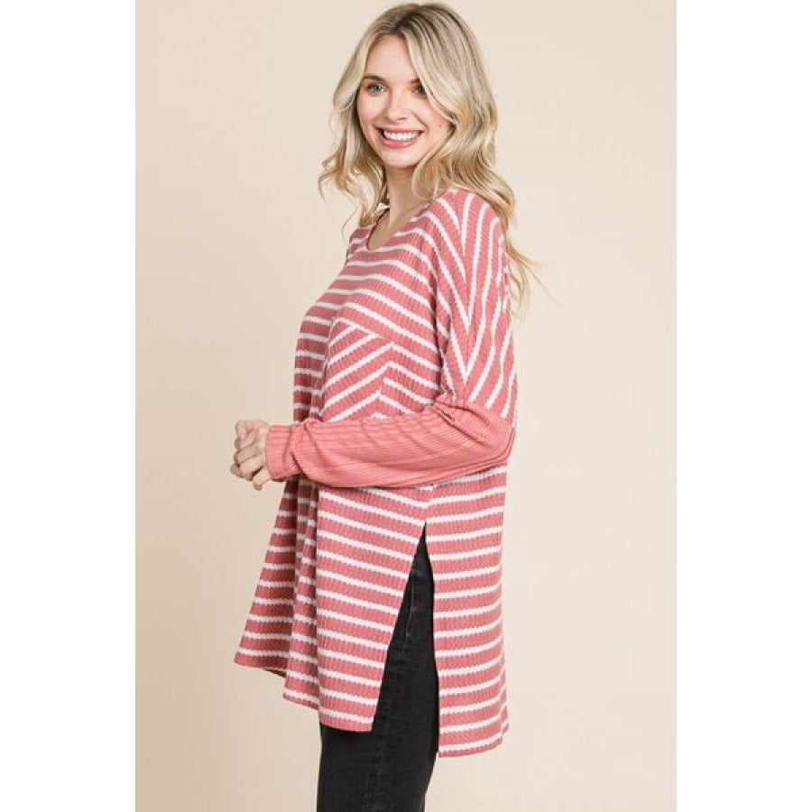 Culture Code Oversize Striped Round Neck Long Sleeve Slit T - Shirt DUSTY ROSE COMBO / S Apparel and Accessories