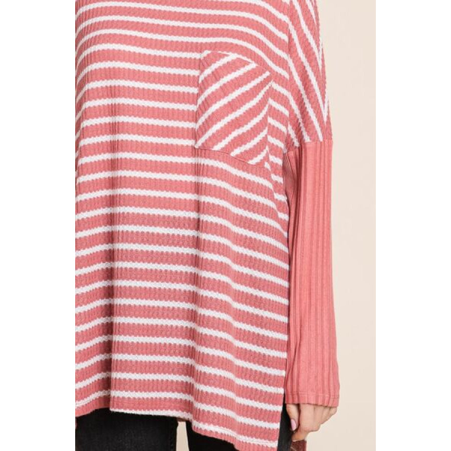 Culture Code Oversize Striped Round Neck Long Sleeve Slit T - Shirt Apparel and Accessories