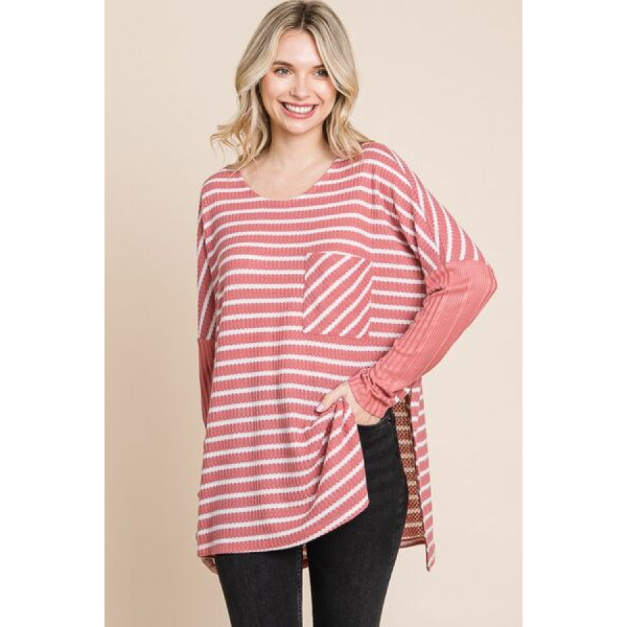 Culture Code Oversize Striped Round Neck Long Sleeve Slit T - Shirt DUSTY ROSE COMBO / S Apparel and Accessories