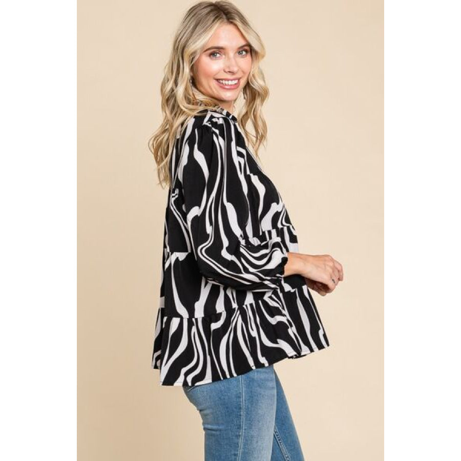 Culture Code Printed Smock Neck Tiered Blouse Apparel and Accessories
