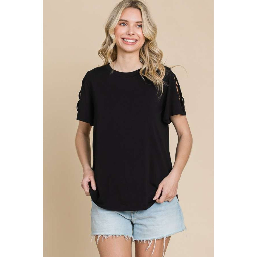 Culture Code Round Neck Crisscross Short Sleeve T - Shirt Black / S Apparel and Accessories