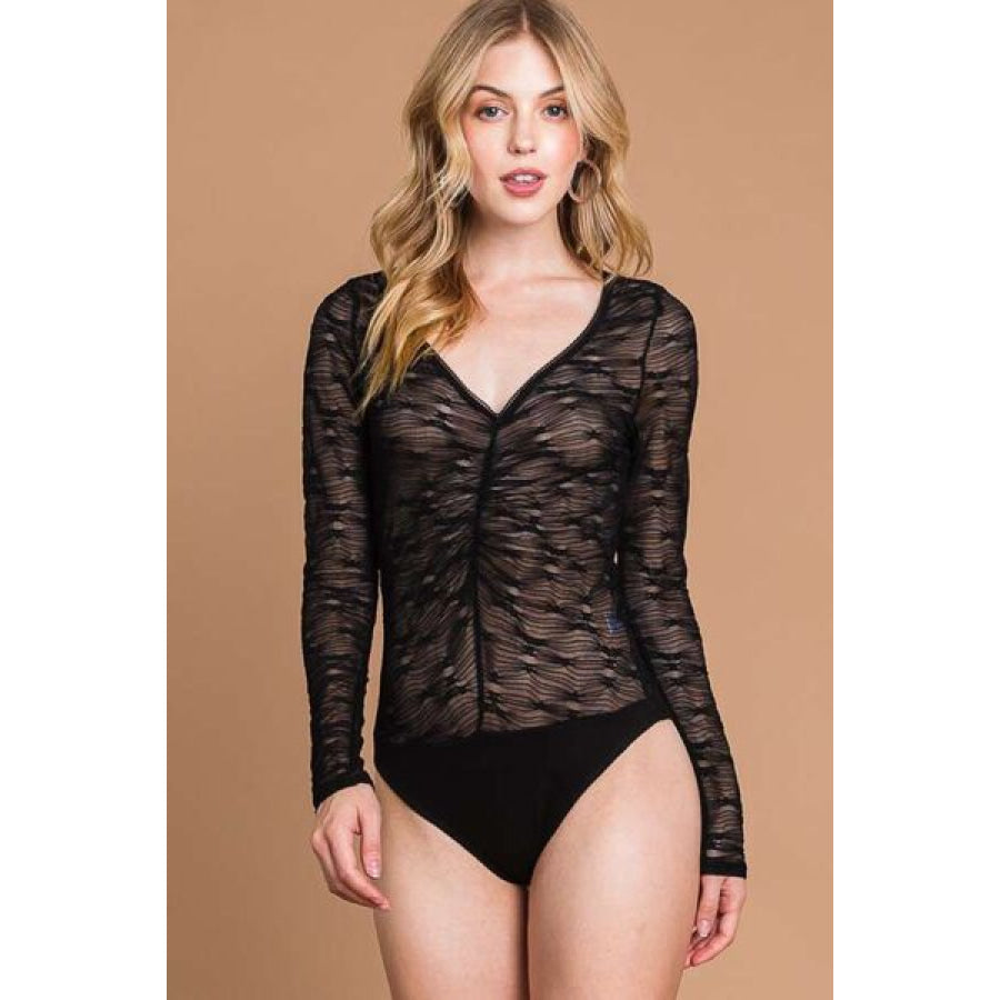 Culture Code Round Neck Mesh Perspective Bodysuit Black / S Apparel and Accessories