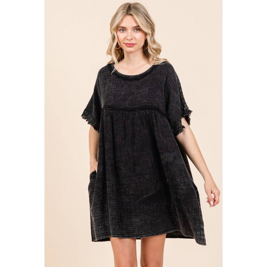 Culture Code Short Sleeve Babydoll Texture Dress with Pockets Black / S Apparel and Accessories