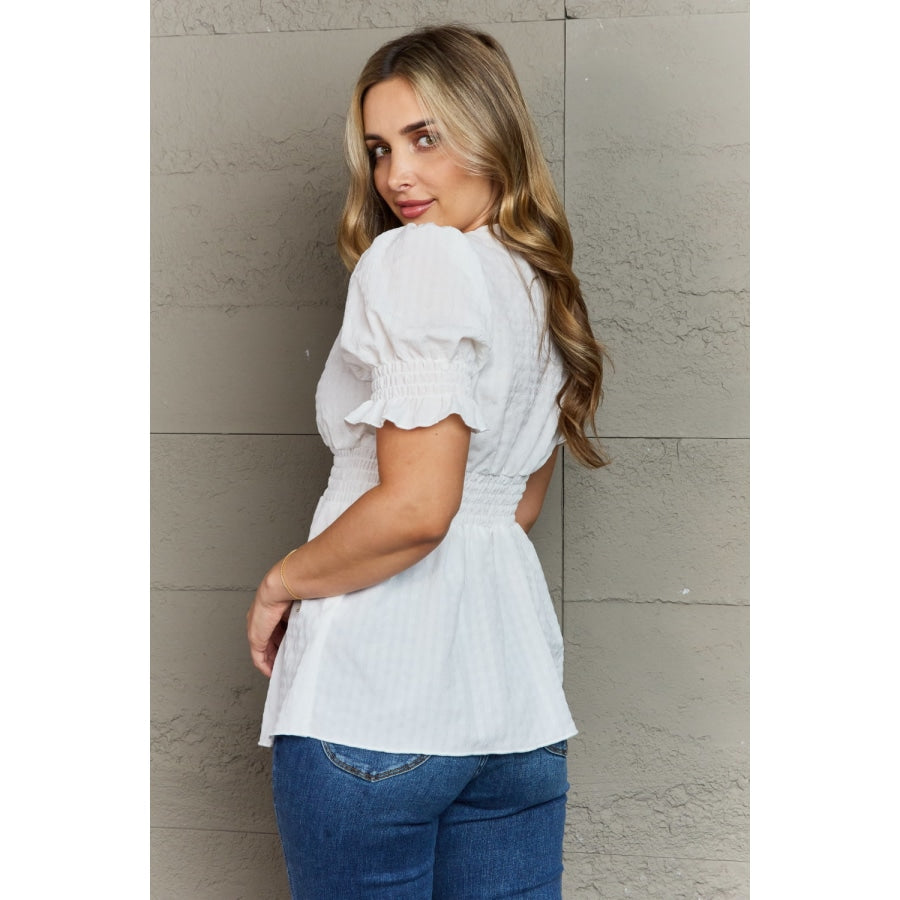 Culture Code Sweet Serenity Full Size V-Neck Puff Sleeve Button Down Top