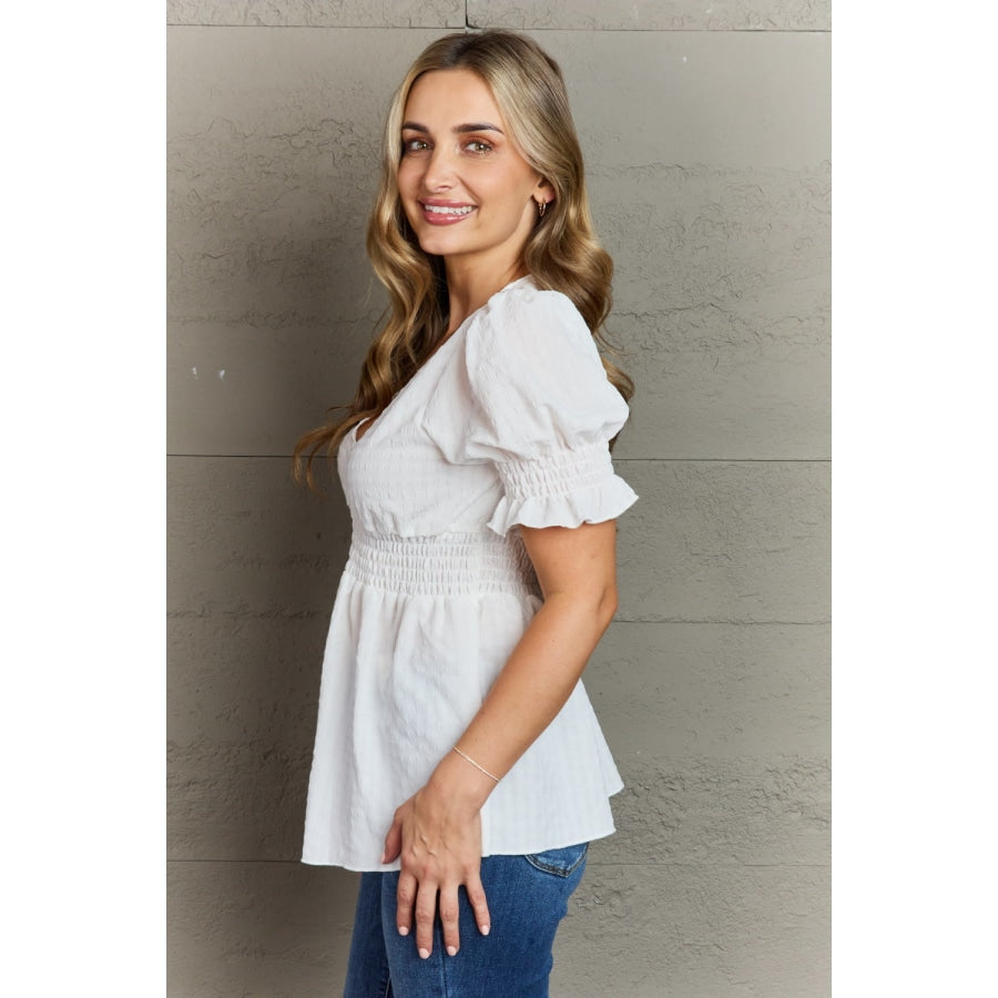 Culture Code Sweet Serenity Full Size V-Neck Puff Sleeve Button Down Top