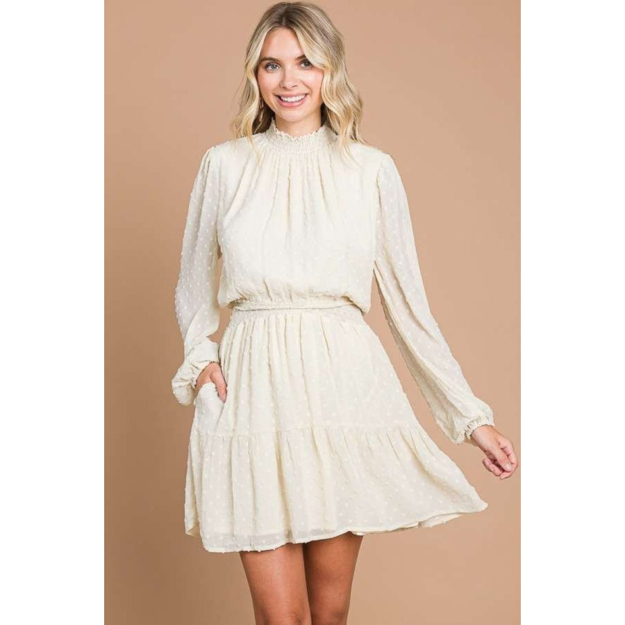 Culture Code Swiss Dot Smock Neck Mini Dress with Pockets Ivory Cream / S Apparel and Accessories