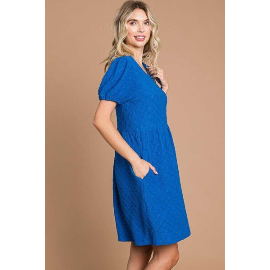 Culture Code Texture Round Neck Short Sleeve Dress with Pockets AZULABLUE / S Apparel and Accessories