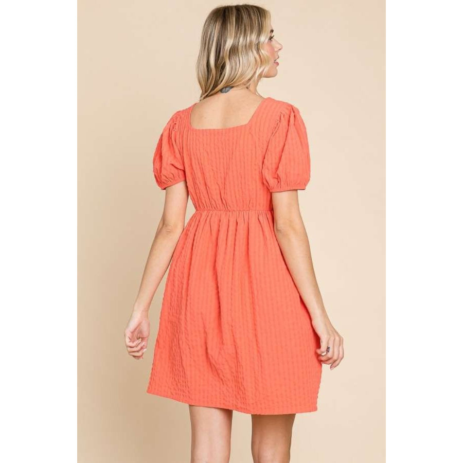 Culture Code Textured Square Neck Short Sleeve Dress Sugar Coral / S Apparel and Accessories