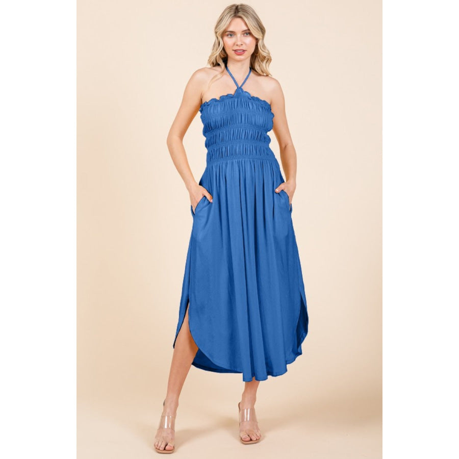 Culture Code Tie Back Shirring Dress with Pockets Blue / S Apparel and Accessories