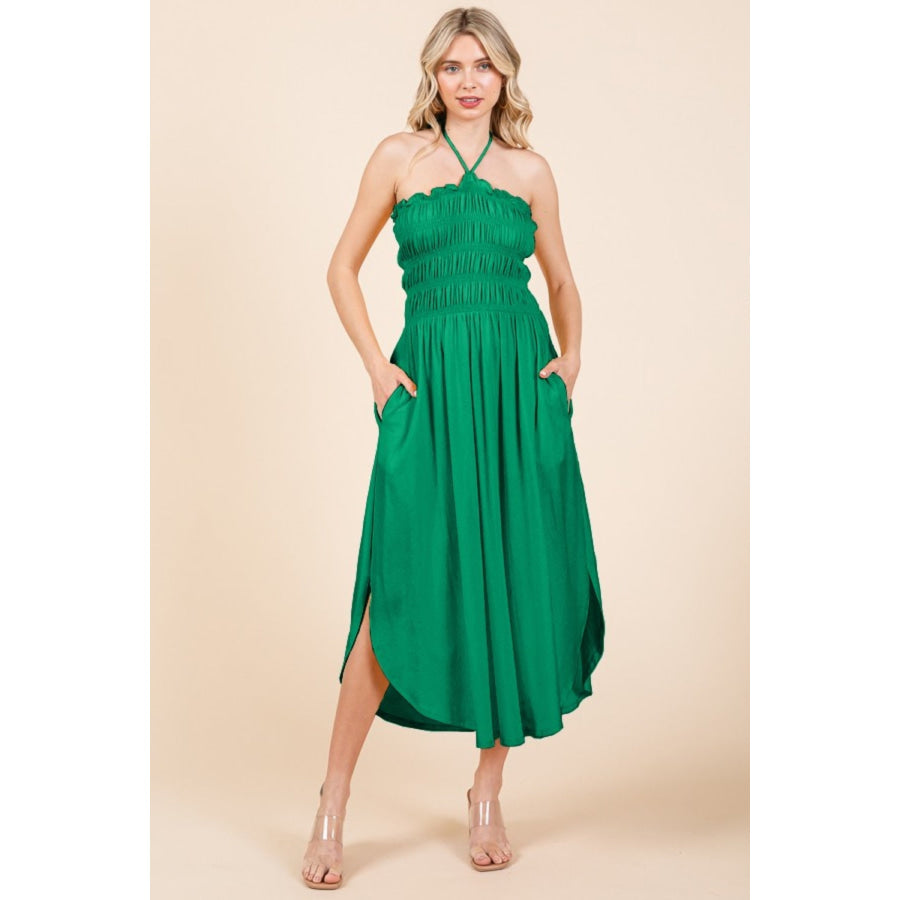 Culture Code Tie Back Shirring Dress with Pockets Green Pop / S Apparel and Accessories