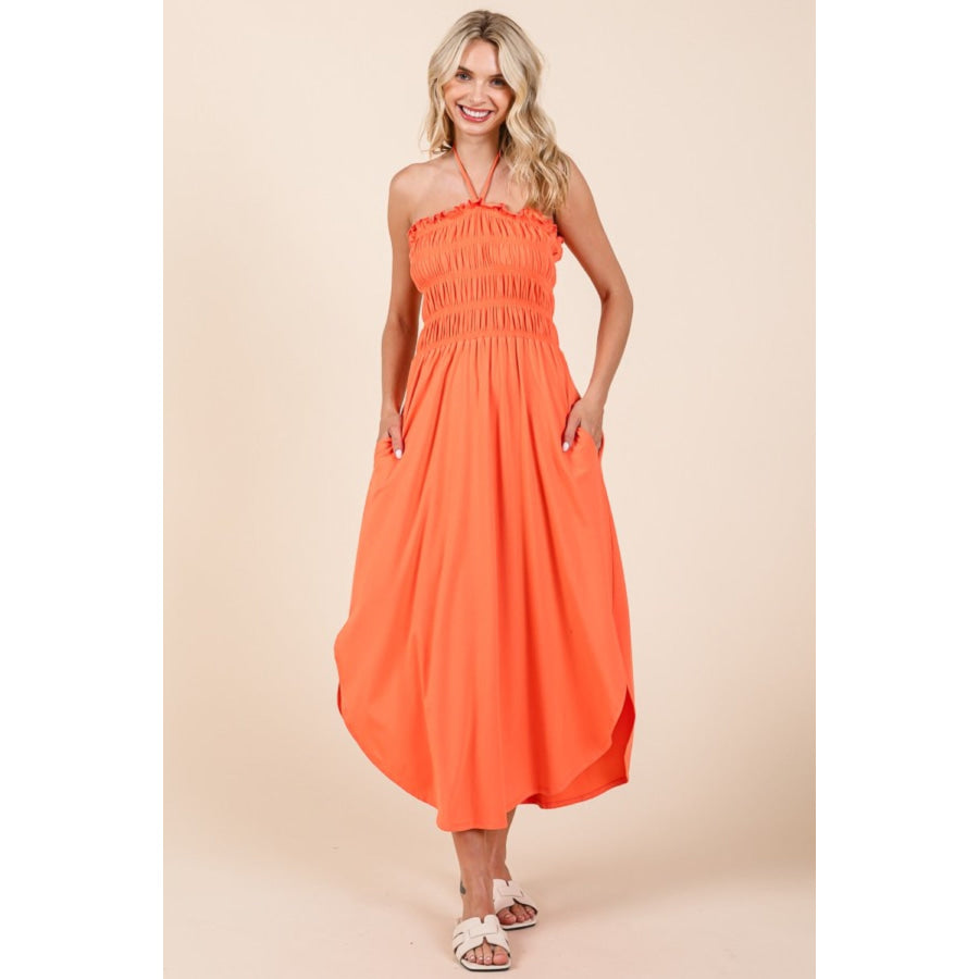 Culture Code Tie Back Shirring Dress with Pockets Living Coral / S Apparel and Accessories